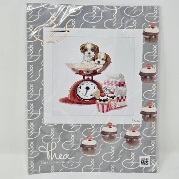 THEA GOUVERNEUR BV CROSS STITCH KIT 741A CUPCAKE PUPPY DOG 12.2" X 11.8" NEW - Picture 1 of 5
